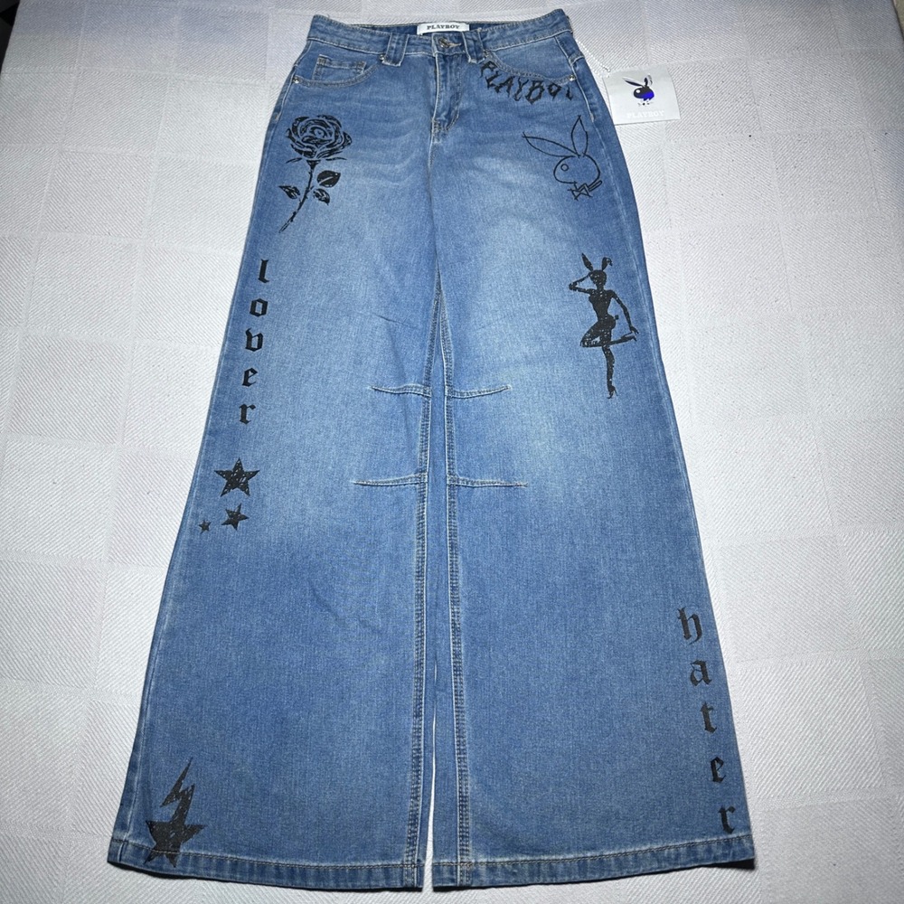Playboy‎ Wide Leg Jeans Womens 3 Graphic Print Y2K Streetwear Blue Stretch Denim